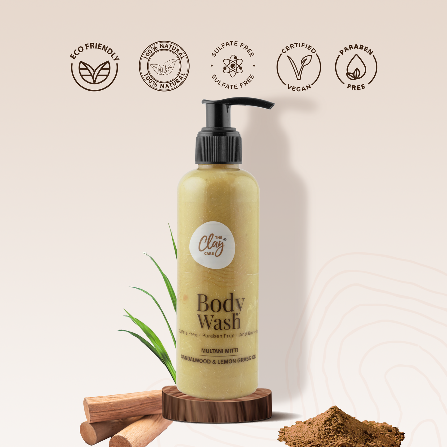 Clay Care - Anti-Bacterial Body Wash with Multani Mitti, Sandalwood and Lemon Grass Oil | Suitable for All Skin Type | Men and Women - 200 ml