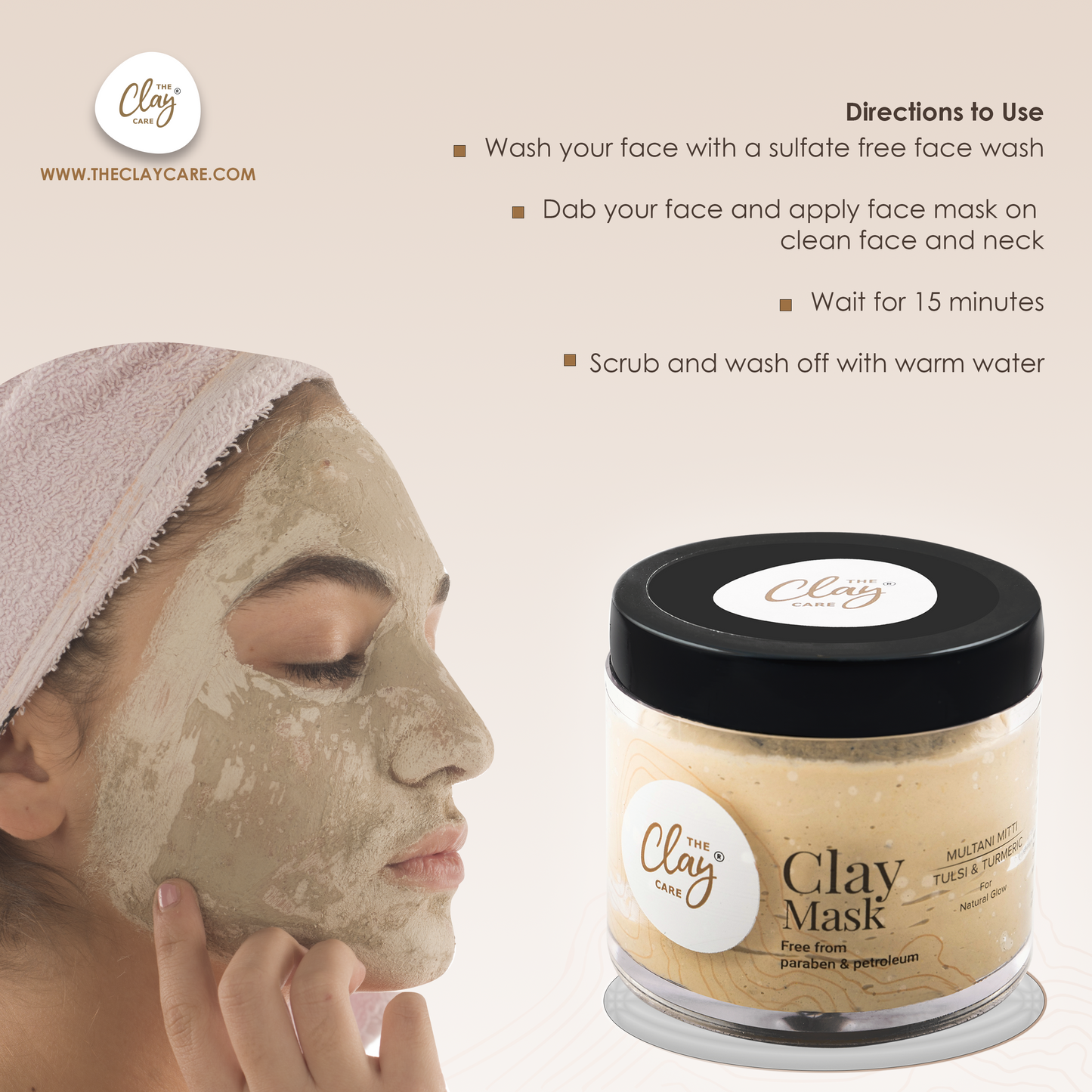 Clay Care Multani Mitti Face Pack Mask for Glowing Skin, Tan Removal & Sun Damage Protection with Turmeric & Tulsi- Paraben and Petroleum Free