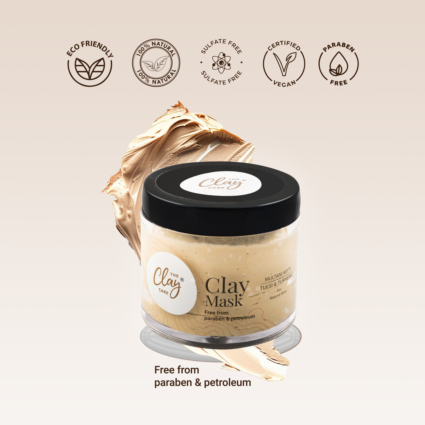 Clay Care Multani Mitti Face Pack Mask for Glowing Skin, Tan Removal & Sun Damage Protection with Turmeric & Tulsi- Paraben and Petroleum Free