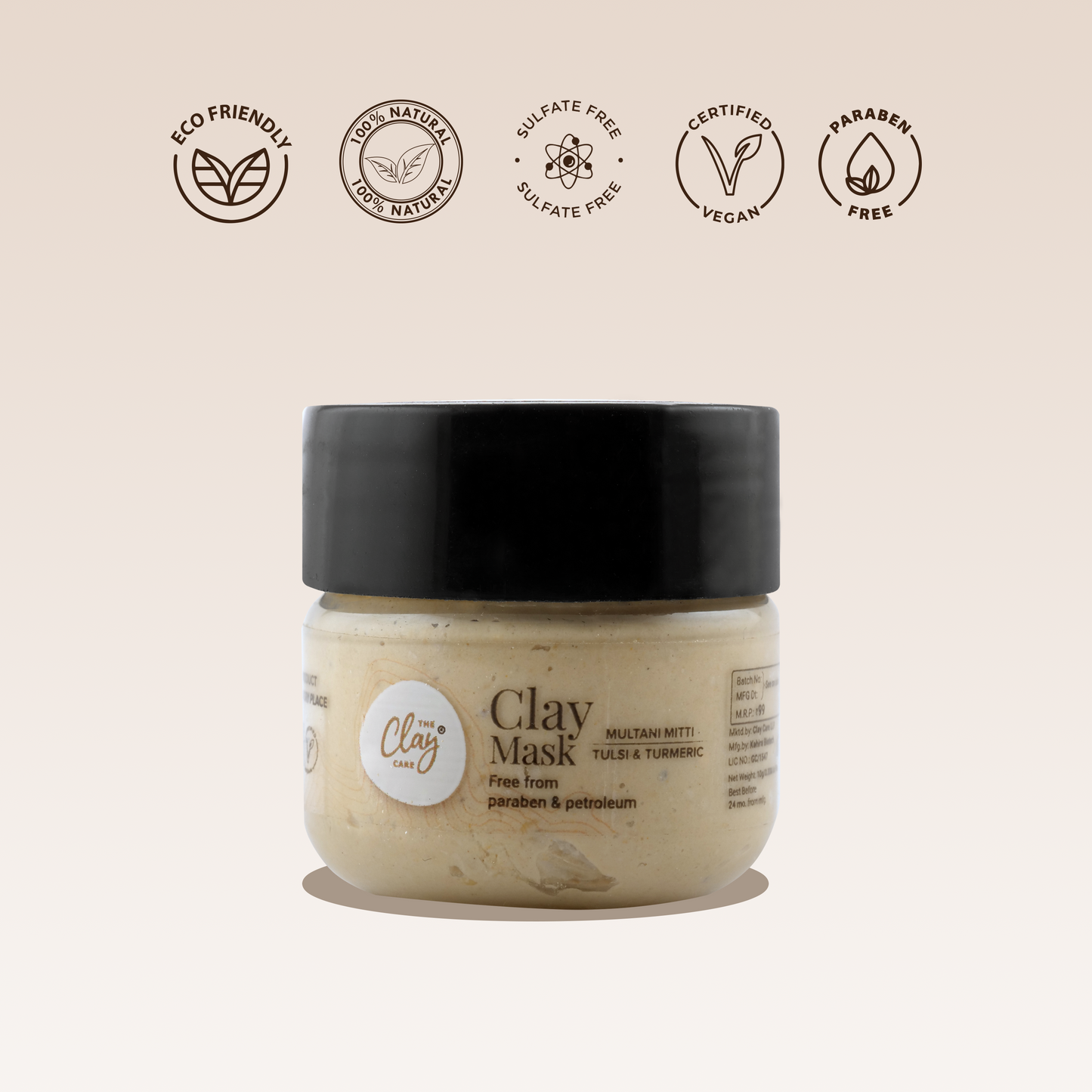 Clay Care Multani Mitti Face Pack Mask for Glowing Skin, Tan Removal & Sun Damage Protection with Turmeric & Tulsi- Paraben and Petroleum Free - 10 g