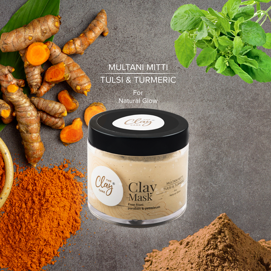 Clay Care Multani Mitti Face Pack Mask for Glowing Skin, Tan Removal & Sun Damage Protection with Turmeric & Tulsi- Paraben and Petroleum Free