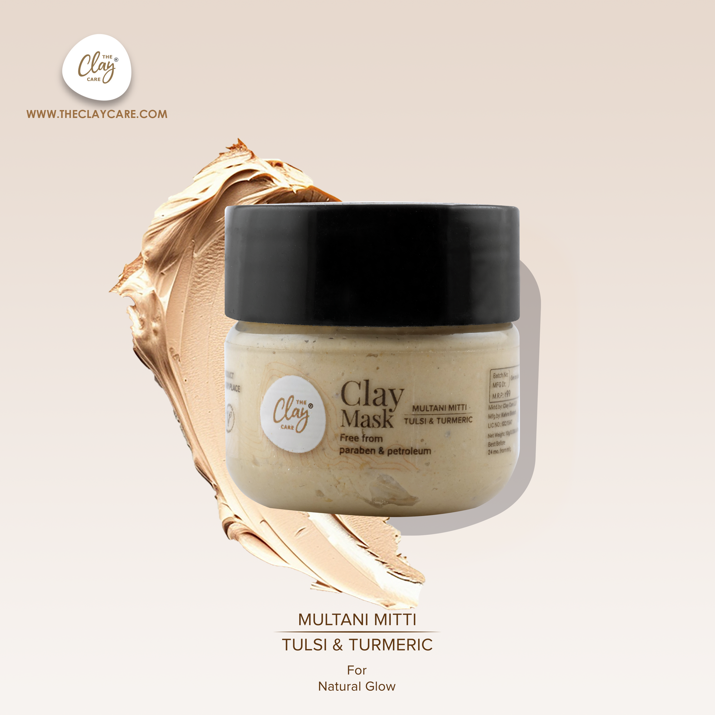 Clay Care Multani Mitti Face Pack Mask for Glowing Skin, Tan Removal & Sun Damage Protection with Turmeric & Tulsi- Paraben and Petroleum Free - 10 g