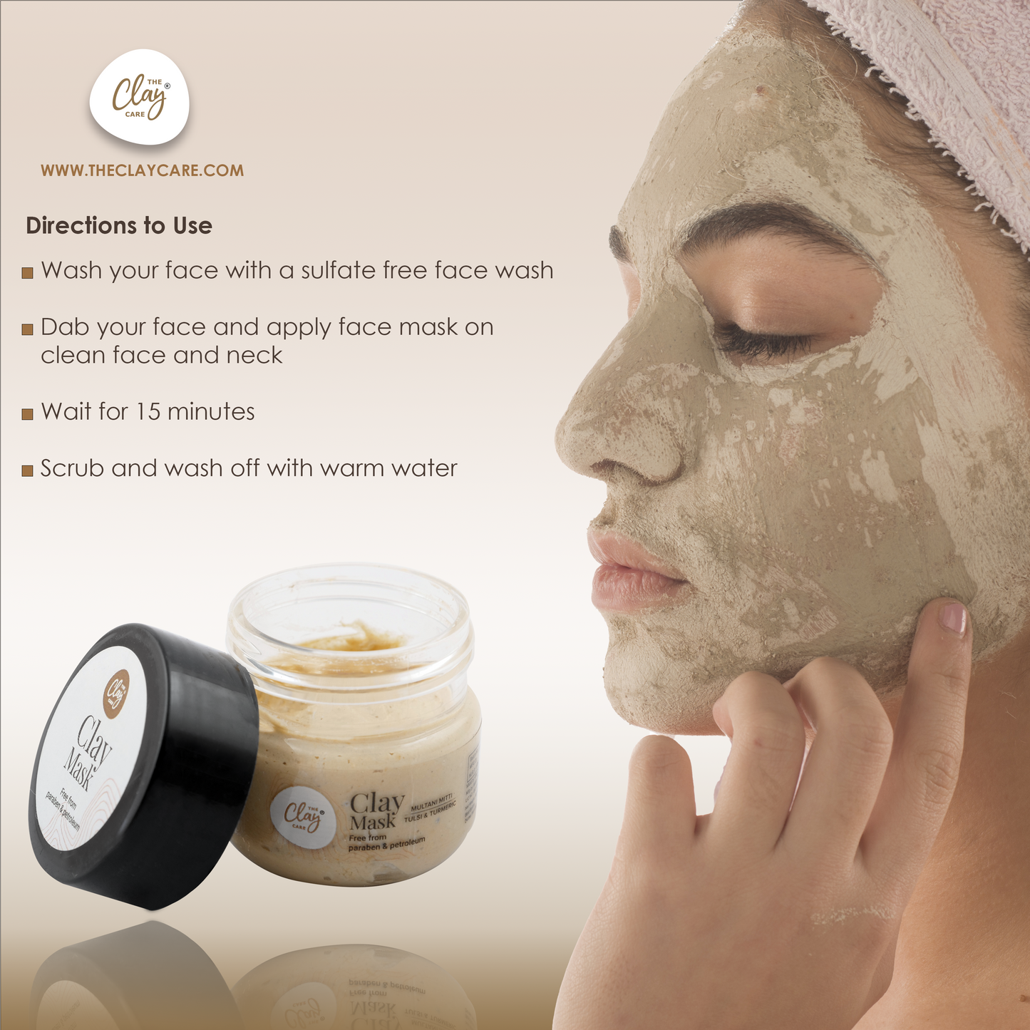 Clay Care Multani Mitti Face Pack Mask for Glowing Skin, Tan Removal & Sun Damage Protection with Turmeric & Tulsi- Paraben and Petroleum Free - 10 g