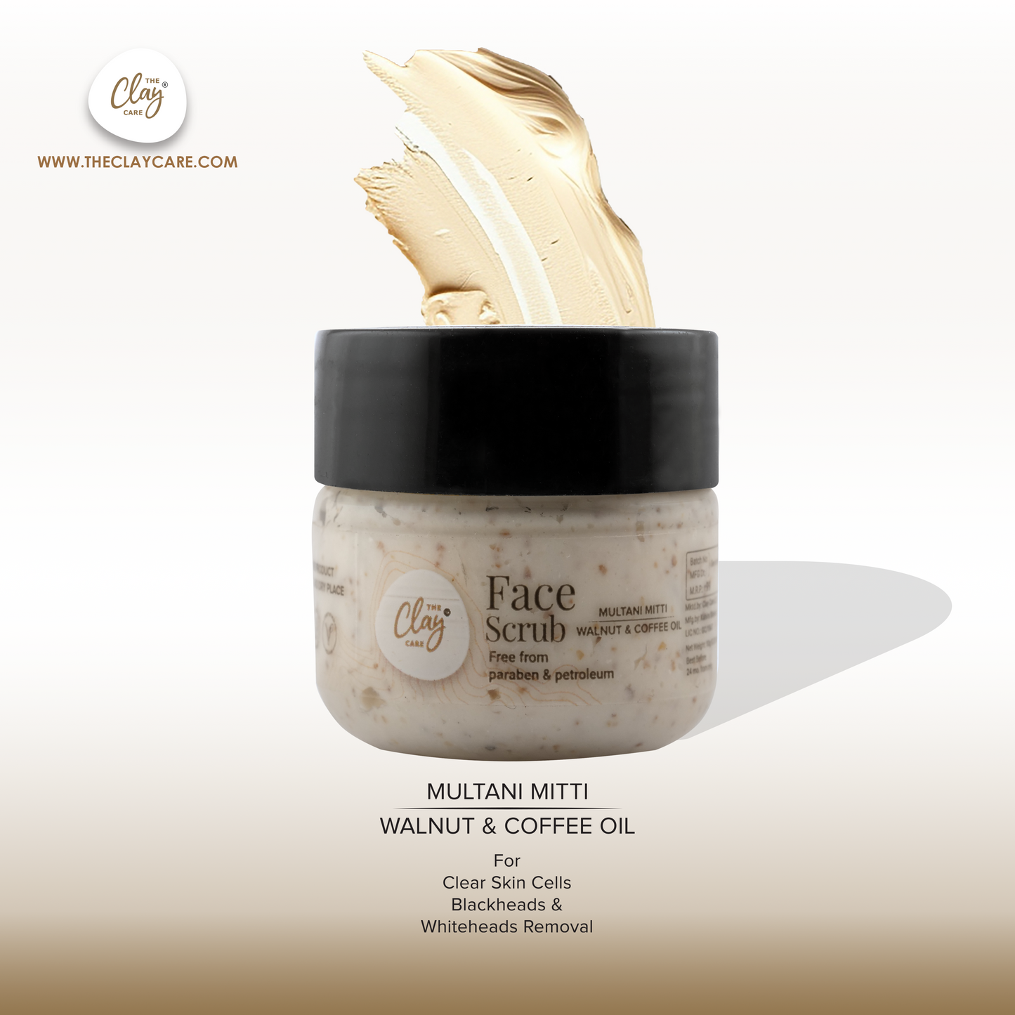Clay Care Multani Mitti Face Scrub - Fuller Earth Walnut coffee oil Blackheads Whiteheads dead skin removal face scrub for glowing skin acne prone oily skin women men boy girl detan tan removal exfoliating dirt pimple mark pigmentation remover - 10 g