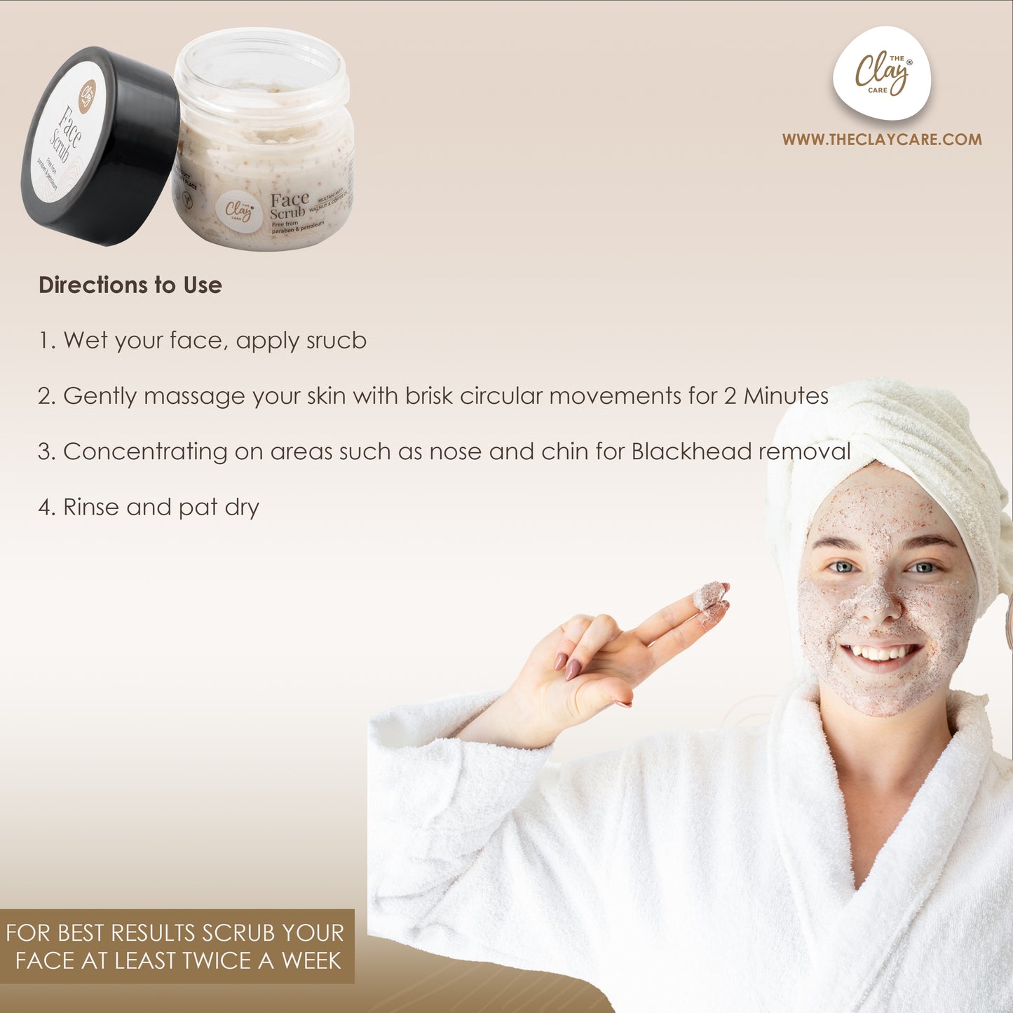 Clay Care Multani Mitti Face Scrub - Fuller Earth Walnut coffee oil Blackheads Whiteheads dead skin removal face scrub for glowing skin acne prone oily skin women men boy girl detan tan removal exfoliating dirt pimple mark pigmentation remover - 10 g