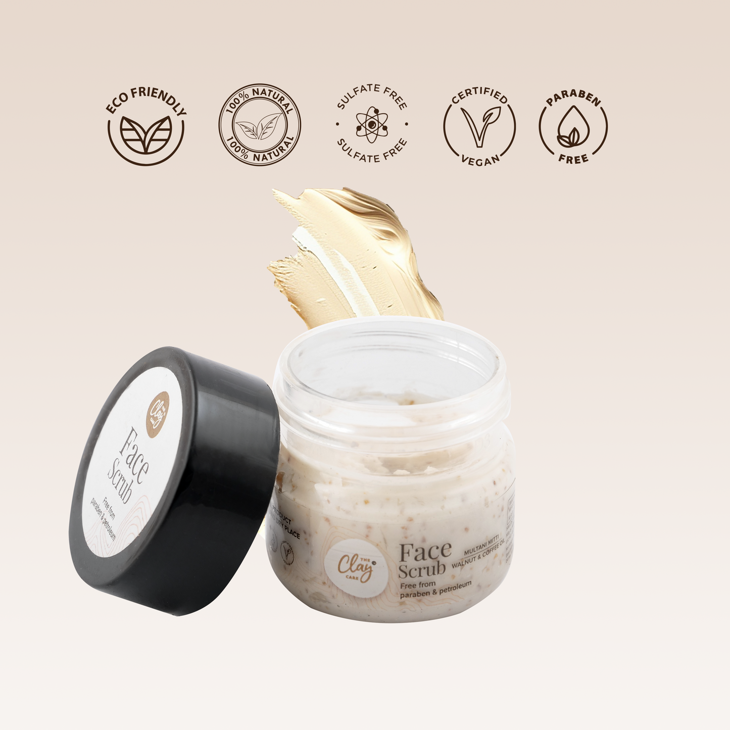 Clay Care Multani Mitti Face Scrub - Fuller Earth Walnut coffee oil Blackheads Whiteheads dead skin removal face scrub for glowing skin acne prone oily skin women men boy girl detan tan removal exfoliating dirt pimple mark pigmentation remover - 10 g