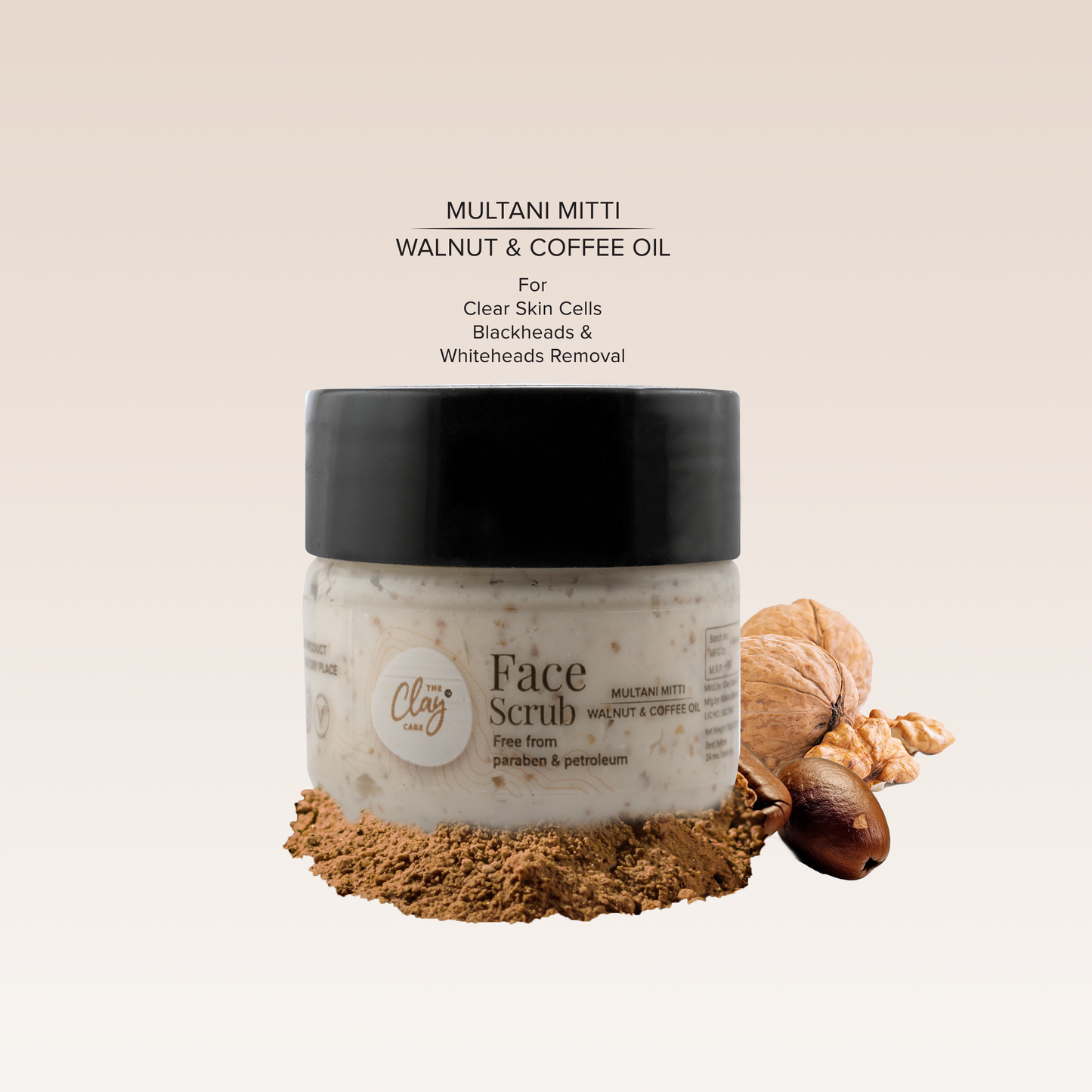 Clay Care Multani Mitti Face Scrub - Fuller Earth Walnut coffee oil Blackheads Whiteheads dead skin removal face scrub for glowing skin acne prone oily skin women men boy girl detan tan removal exfoliating dirt pimple mark pigmentation remover - 10 g