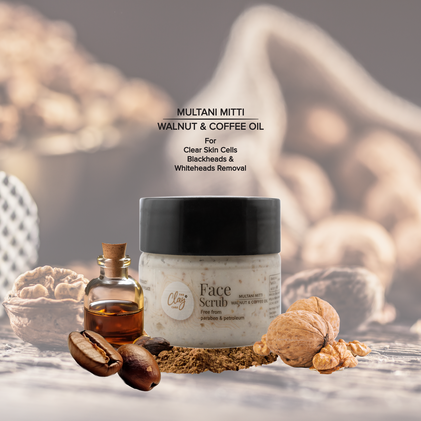 Clay Care Multani Mitti Face Scrub - Fuller Earth Walnut coffee oil Blackheads Whiteheads dead skin removal face scrub for glowing skin acne prone oily skin women men boy girl detan tan removal exfoliating dirt pimple mark pigmentation remover - 10 g