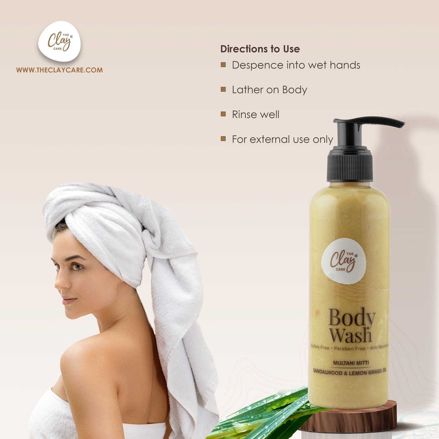 Clay Care - Anti-Bacterial Body Wash with Multani Mitti, Sandalwood and Lemon Grass Oil | Suitable for All Skin Type | Men and Women - 200 ml