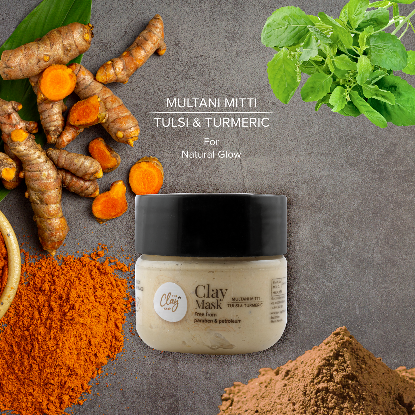 Clay Care Multani Mitti Face Pack Mask for Glowing Skin, Tan Removal & Sun Damage Protection with Turmeric & Tulsi- Paraben and Petroleum Free
