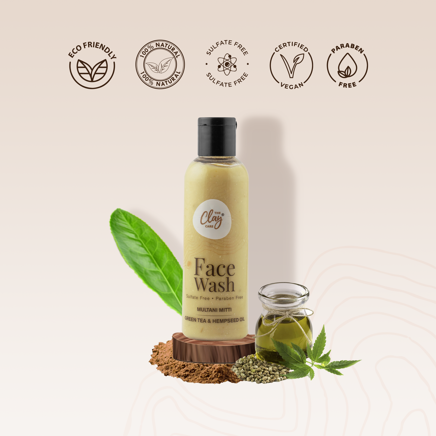 Clay Care Face Wash Natural Multani Mitti, Green Tea and Hempseed Oil for Men and Women Suitable for Oily Skin, Helps for Uneven and Acne Skin | Suitable for All Skin Type – 100ml